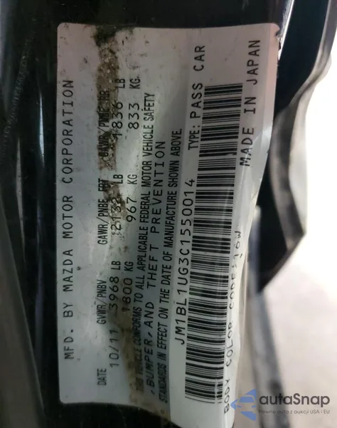 2012 Mazda 3 I из США, поврежденный, VIN JM1BL1UG3C1550014